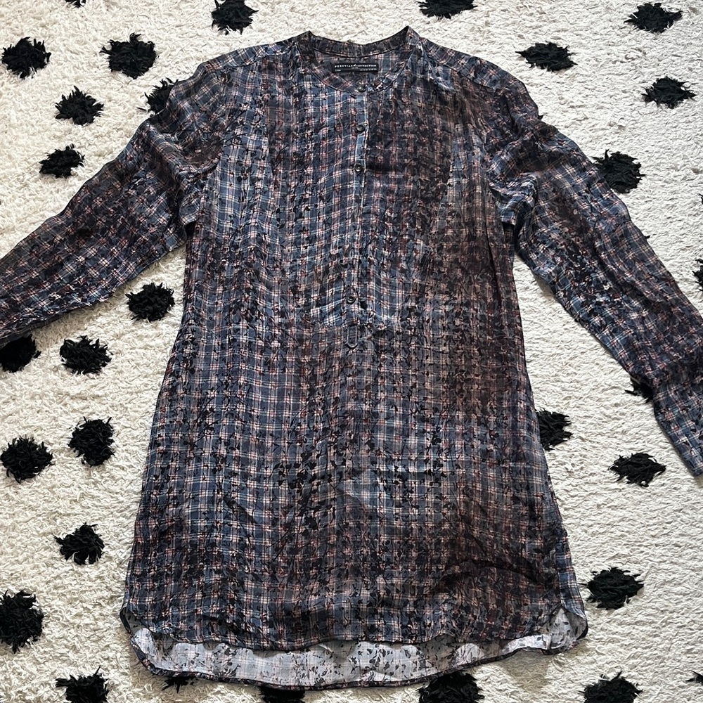 Peruvian Connection size 14 colorblock Blue and Brown Plaid Tunic